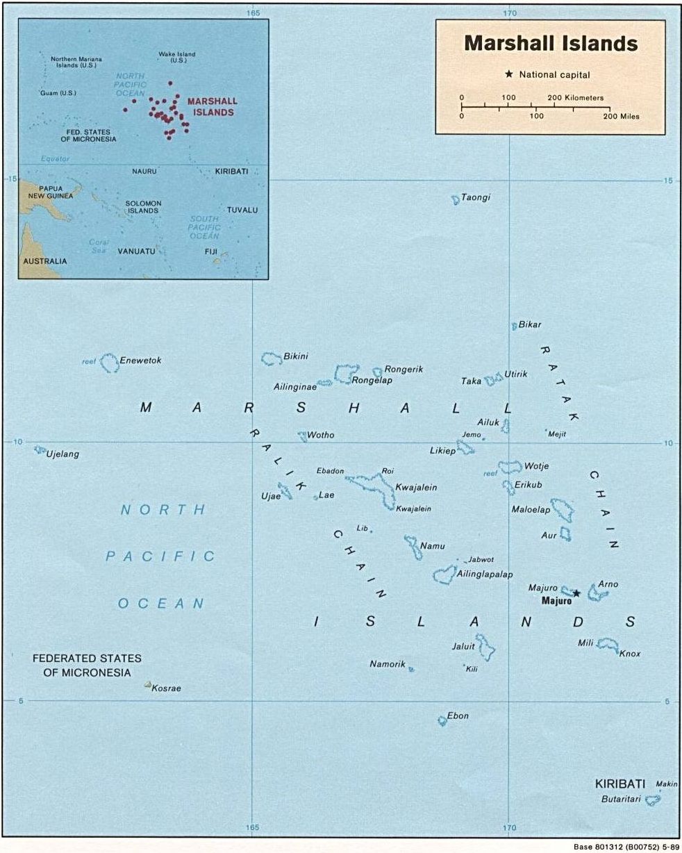 Map of the Republic of the Marshall Islands (Political), 1989. Courtesy of, The World Factbook (http://cia.gov/cia/publications/factbook) or CIA Maps and Publications Released to the Public (http://www.cia.gov/cia/publications/mapspub), Central Intelligence Agency (CIA), Government of the United States of America (USA); and the Perry-Castaeda Map Collection (http://www.lib.utexas.edu/maps), Perry-Castaeda Library, The General Libraries, University of Texas at Austin, Austin, Texas, USA.