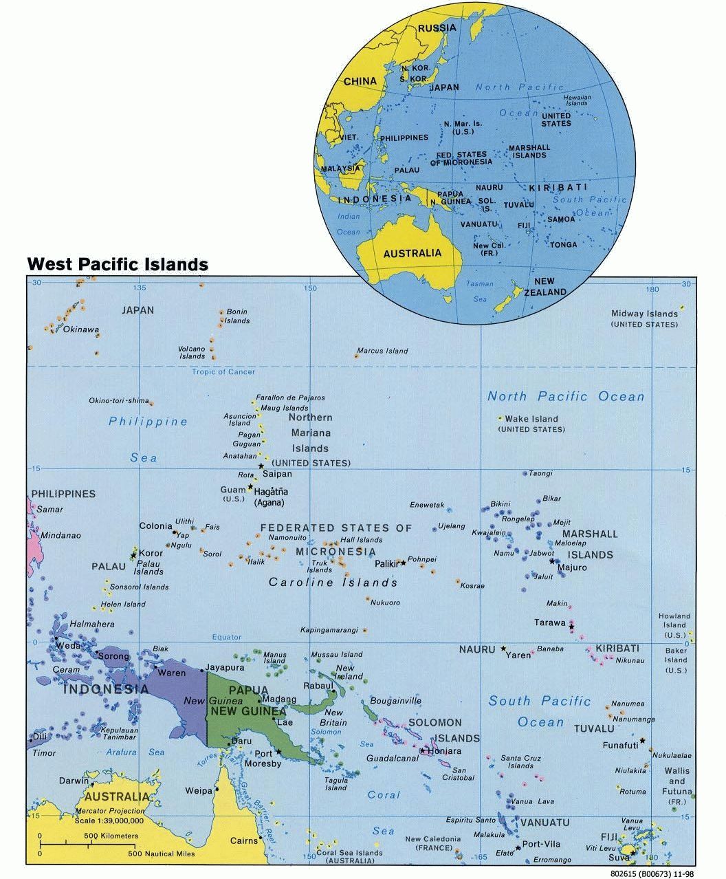 Map of the West Pacific Islands (Political), 1998. Courtesy of, The World Factbook (http://cia.gov/cia/publications/factbook) or CIA Maps and Publications Released to the Public (http://www.cia.gov/cia/publications/mapspub), Central Intelligence Agency (CIA), Government of the United States of America (USA); and the Perry-Castaeda Map Collection (http://www.lib.utexas.edu/maps), Perry-Castaeda Library, The General Libraries, University of Texas at Austin, Austin, Texas, USA.