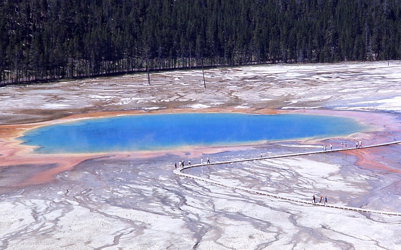 7. Another Photo Taken in 1966 of the Grand Prismatic Spring, Midway Geyser Basin, Yellowstone National Park, State of Wyoming, USA. Photo Credit: NPS Photo, M. Storey, 1966. Yellowstone Digital Slide File - Midway & Lower Geyser Basin (http://www.nps.gov/archive/yell/slidefile/index.htm and http://www.nps.gov/archive/yell/slidefile/thermalfeatures/hotspringsterraces/midwaylower/Page.htm, Image 06174), Yellowstone National Park (http://www.nps.gov/yell), National Park Service (NPS, http://www.nps.gov), United States Department of the Interior (http://www.doi.gov), Government of the United States of America (USA).