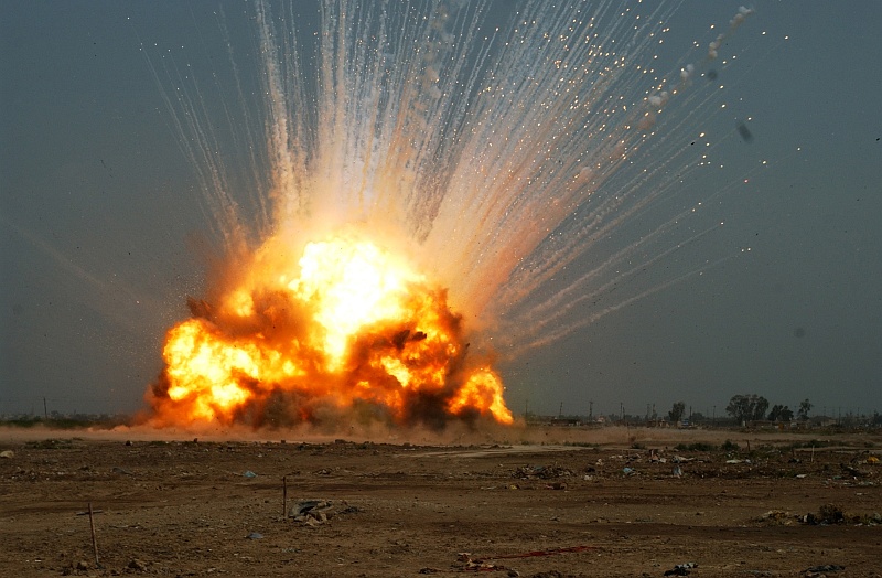 3. Spectacular Explosive and Destructive Power: Controlled Detonation of a Cache of Unexploded Ordnance (UEXO), October 14, 2006, Near Forward Operating Base Falcon, Baghdad, Al Jumhuriyah al Iraqiyah - Republic of Iraq. Photo Credit: Sgt. Jacob H. Smith, 982nd Combat Camera Company, United States Army (U.S. Army, http://www.army.mil) and JCCIMT; Defense Visual Information Center (DVIC, http://www.DoDMedia.osd.mil, 061014-A-5493S-057) and United States Army (U.S. Army, http://www.army.mil), United States Department of Defense (DoD, http://www.DefenseLink.mil or http://www.dod.gov), Government of the United States of America (USA).