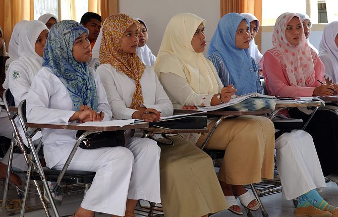 Nursing Students at Indonesia's University Hospital Attend a Lecture on Proper Diabetes Care and Treatment Given By Nurses from the United States Military Sealift Command (MSC) Hospital Ship USNS Mercy (T-AH 19) on February 23, 2005, Banda Aceh, Sumatra, Republik Indonesia. Photo Credit: Photographer's Mate 2nd Class Timothy Smith, Navy NewsStand - Eye on the Fleet Photo Gallery (http://www.news.navy.mil/view_photos.asp, 050223-N-8796S-135), United States Navy (USN, http://www.navy.mil), United States Department of Defense (DoD, http://www.DefenseLink.mil or http://www.dod.gov), Government of the United States of America (USA).