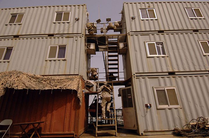 After a Long Watch, the Soldier Climbs the Metal Rungs Leading to His Sleeping Quarters in the North Persian Gulf, June 12, 2005. Al Basrah Oil Terminal, Basra, Al Jumhuriyah al Iraqiyah - Republic of Iraq. Photo Credit: Photographer's Mate 1st Class Aaron Ansarov, Navy NewsStand - Eye on the Fleet Photo Gallery (http://www.news.navy.mil/view_photos.asp, 050612-N-4309A-335), United States Navy (USN, http://www.navy.mil); United States Department of Defense (DoD, http://www.DefenseLink.mil or http://www.dod.gov), Government of the United States of America (USA).