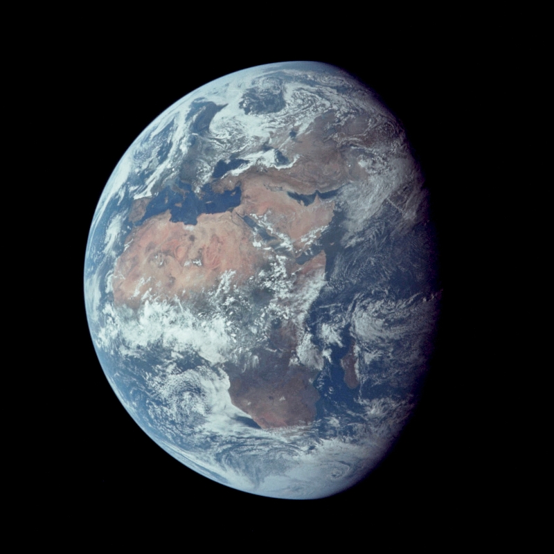 14. Earth -- Europe, Atlantic Ocean, Africa, Mediterranean Sea, Madagascar, Arabian Peninsula, Middle East, Antarctica South Polar Ice Cap, Asian Mainland, Indian Ocean -- Backdropped By the Blackness of Space, July 16, 1969, As Seen From NASA's Apollo 11 Spacecraft. Photo Credit: NASA Apollo 17 Astronauts; AS11-36-5355; Image Science and Analysis Laboratory, NASA-Johnson Space Center.'Astronaut Photography of Earth - Display Record.' <http://eol.jsc.nasa.gov/scripts/sseop/photo.pl?mission=AS11&roll=36&frame=5355>; National Aeronautics and Space Administration (NASA, http://www.nasa.gov), Government of the United States of America (USA).