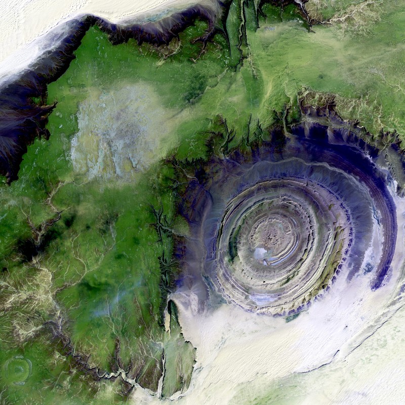 78. Richat Structure, a Spectacular Geological Formation In the Maur Adrar Desert As Seen From the NASA/USGS Landsat 7 Satellite on January 2001, Al Jumhuriyah al Islamiyah al Muritaniyah - Islamic Republic of Mauritania. Photo Credit: The NASA and USGS Landsat Project (http://landsat.gsfc.nasa.gov, http://landsat7.usgs.gov); EROS (Earth Resources Observation and Science, http://eros.usgs.gov) Image Gallery Collections (http://eros.usgs.gov/imagegallery) - Earth As Art Image Collection (http://eros.usgs.gov/imagegallery/collection.php?col=Earth+As+Art) - Richat Structure, United States Geological Survey (USGS, http://www.usgs.gov), United States Department of the Interior (http://www.doi.gov) and National Aeronautics and Space Administration (NASA, http://www.nasa.gov), Government of the United States of America (USA).