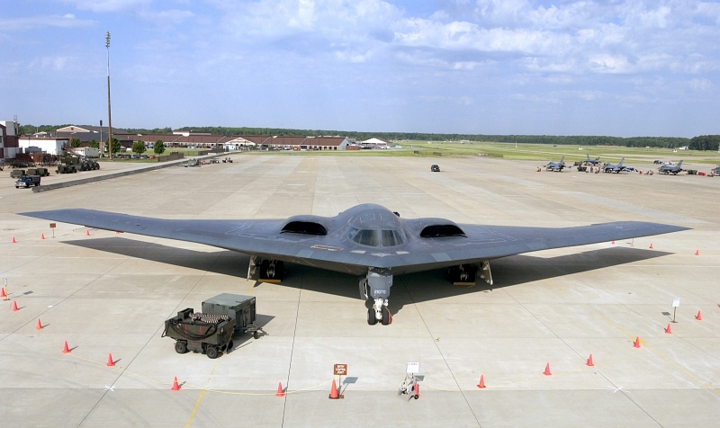 40. A U.S. Air Force B-2 Spirit Stealth Bomber Sits On the Flight Line, June 16, 2005, Langley Air Force Base, Commonwealth of Virginia, USA. Photo Credit: Staff Sgt. Eric T. Sheler, United States Air Force; Defense Visual Information (DVI, http://www.DefenseImagery.mil, 050616-F-LE508-001, 050616-F-6244S-001, DFSD0815075, and DF-SD-08-15075) and United States Air Force (USAF, http://www.af.mil), United States Department of Defense (DoD, http://www.DefenseLink.mil or http://www.dod.gov), Government of the United States of America (USA).