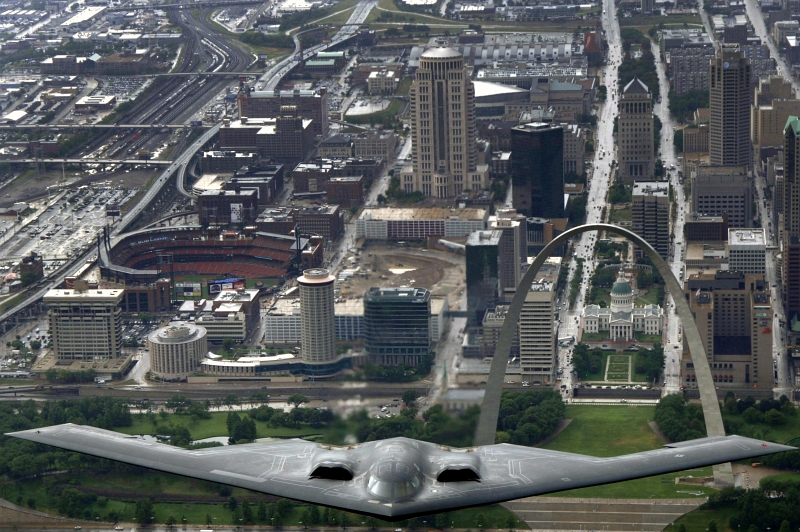 57. U.S. Air Force B-2 Spirit Stealth Bomber Flying Over the City of St. Louis, August 10, 2006, State of Missouri, USA. Photo Credit: Airman 1st Class (A1C) Jonathan Lovelady, United States Air Force; Defense Visual Information (DVI, http://www.DefenseImagery.mil, 060810-F-YA200-202, DF-SD-08-23198, and DFSD0823198) and United States Air Force (USAF, http://www.af.mil), United States Department of Defense (DoD, http://www.DefenseLink.mil or http://www.dod.gov), Government of the United States of America (USA).