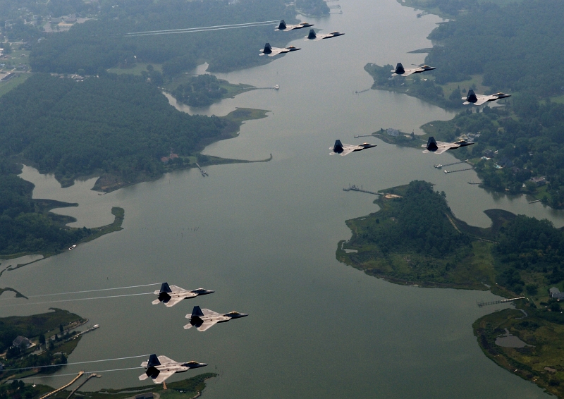 13. U.S. Air Force F-22A Raptor Stealth Fighter Jets (Assigned to the 94th Fighter Squadron Out of Langley Air Force Base) Fly In 10-Ship Aircraft Formation In  Celebration of the Squadron's 90th Birthday, August 17, 2007, Langley Air Force Base, Commonwealth of Virginia, USA. Photo Credit: Staff Sgt. Samuel Rogers, United States Air Force; Defense Visual Information (DVI, http://www.DefenseImagery.mil, 080817-F-0986R-003) and United States Air Force (USAF, http://www.af.mil), United States Department of Defense (DoD, http://www.DefenseLink.mil or http://www.dod.gov), Government of the United States of America (USA).