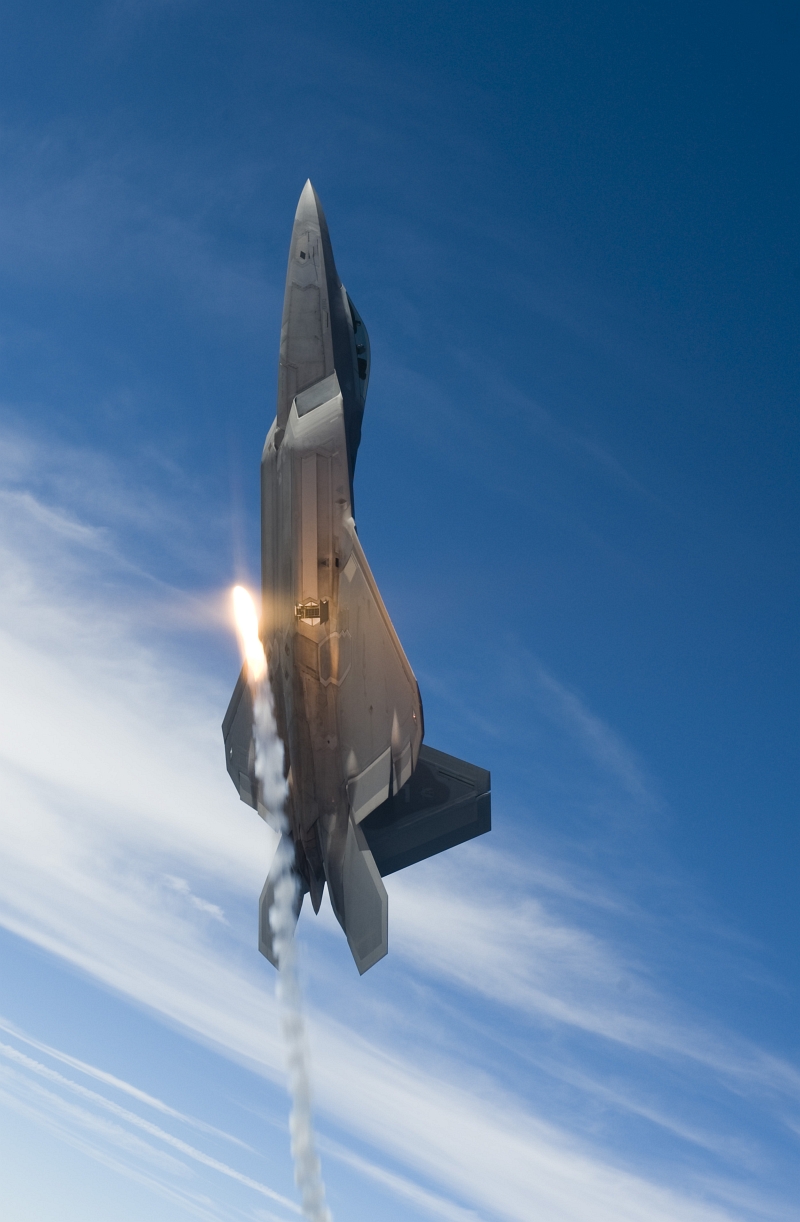 33. Going Vertical, A U.S. Air Force F-22A Raptor Stealth Fighter Jet Fires One Flare During A Sortie Over the Gulf of Mexico, August 27, 2008, New Orleans Naval Air Station, State of Louisiana, USA. Photo Credit: Staff Sgt. James L. Harper Jr., United States Air Force; Defense Visual Information (DVI, http://www.DefenseImagery.mil, 080827-F-4177H-096) and United States Air Force (USAF, http://www.af.mil), United States Department of Defense (DoD, http://www.DefenseLink.mil or http://www.dod.gov), Government of the United States of America (USA).