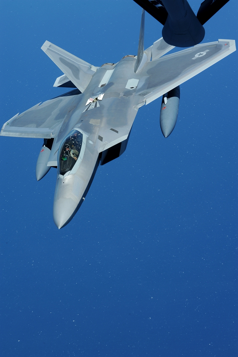 20. Over the Pacific Ocean: The U.S Air Force F-22A Raptor Stealth Fighter Jet Continues Its Journey to Joint Base Pearl Harbor-Hickam, Hawaii, USA, After Refueling From A Hawaii Air National Guard KC-135 Stratotanker Refueler, July 2, 2010. Photo Cedit: Senior Airman Gustavo Gonzalez, United States Air Force; Air Force Link - Photos (http://www.af.mil/photos, 100702-F-4815G-108), United States Air Force (USAF, http://www.af.mil), United States Department of Defense (DoD, http://www.DefenseLink.mil or http://www.dod.gov), Government of the United States of America (USA).