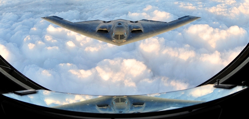 41. U.S. Air Force B-2 Spirit Stealth Bomber Approaches the Refueling Tanker, September 9, 2011, State of Kansas, USA. Photo Credit: Senior Airman Courtney Witt, United States Air Force; Defense Visual Information (DVI, http://www.DefenseImagery.mil, 110909-F-QH266-280) and United States Air Force (USAF, http://www.af.mil), United States Department of Defense (DoD, http://www.DefenseLink.mil or http://www.dod.gov), Government of the United States of America (USA).