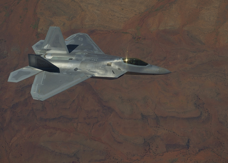 36. A U.S. Air Force F-22A Raptor Stealth Fighter Flies Over the Tularosa Basin, September 28, 2011, State of New Mexico, USA. Photo Credit: Senior Airman John D. Strong II, Air Force Link  Photos (http://www.af.mil/photos, 110928-F-CJ792-083, 'F-22 Raptor'), United States Air Force (USAF, http://www.af.mil), United States Department of Defense (DoD, http://www.DefenseLink.mil or http://www.dod.gov), Government of the United States of America (USA).