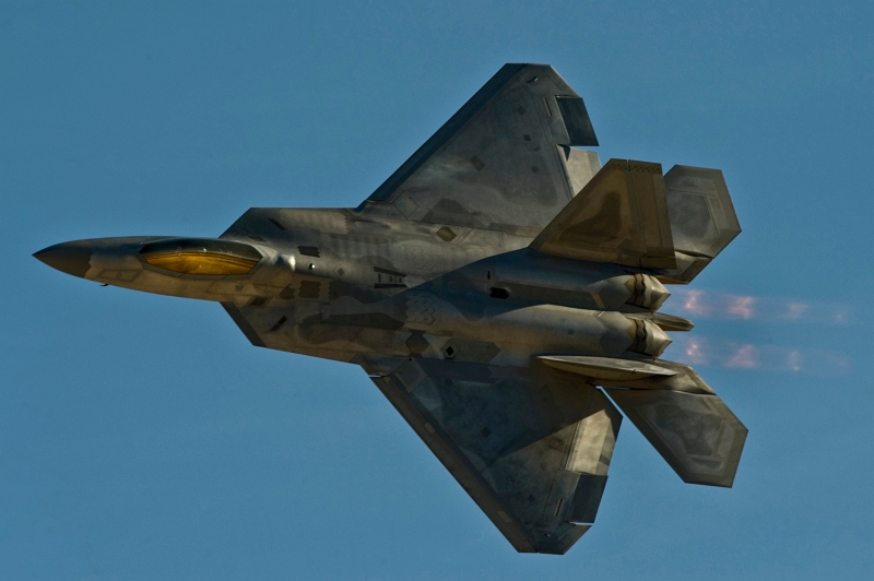 52. A U.S. Air Force F-22A Raptor Stealth Fighter Jet Flies By at Aviation Nation 2012, November 11, 2012, Nellis Air Force Base, State of Nevada, USA. Photo Credit: Airman 1st Class Christopher Tam, United States Air Force; Air Force Link - Photos (http://www.af.mil/photos, 121111-F-AQ406-409, "Nellis Aviation Nation 2012"), United States Air Force (USAF, http://www.af.mil), United States Department of Defense (DoD, http://www.DefenseLink.mil or http://www.dod.gov), Government of the United States of America (USA).