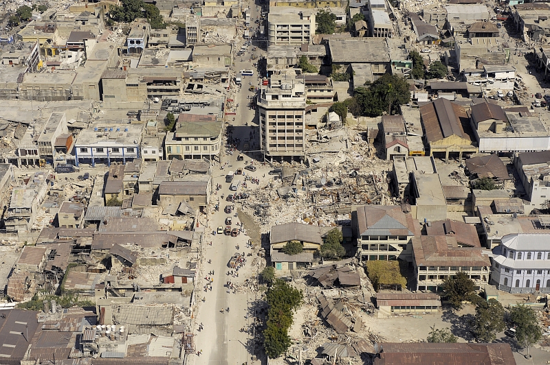 41. Downtown Port-au-Prince, A City In Ruins Due To the Magnitude 7.0 Earthquake, January 22, 2010, January 22, 2010, Port-au-Prince, Republique d'Haiti (Repiblik d' Ayiti) - Republic of Haiti. Photo Credit: Master Sgt. (MSgt) Russell E. Cooley IV , United States Air Force; Defense Visual Information (DVI, http://www.DefenseImagery.mil, 100122-F-9712C-127) and United States Air Force (USAF, http://www.af.mil), United States Department of Defense (DoD, http://www.DefenseLink.mil or http://www.dod.gov), Government of the United States of America (USA).