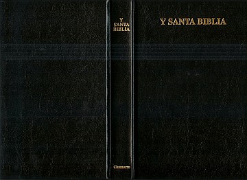 Front cover, back cover, and spine of Y Santa Biblia, Chamorro (October 2005 Steffy printing). The covers and spine are black. Printed in gold on the front cover are the words, Y SANTA BIBLIA. The words printed in gold at the top of the spine are, Y SANTA BIBLIA. Printed in gold at the bottom of the spine is the word, Chamorro.  The photo is from the Robert Joseph and Rlene Santos Steffy press release of November 11, 2005 announcing the print version of "Y Santa Biblia, Palabran Jesucristo Sija Gui Tinige Agaga, Chamorro". Image credit: Rlene Santos Steffy.