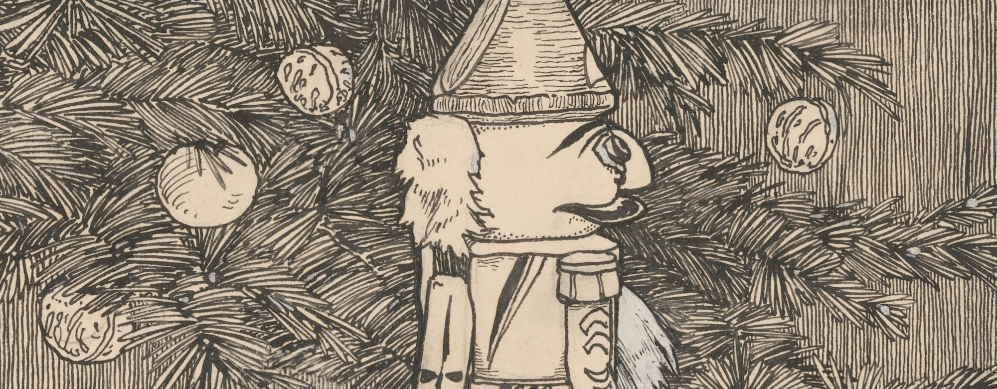 Drawing of Nutcracker in a hussar's cloak near a Christmas tree by Willem Wenckebach (cropped).