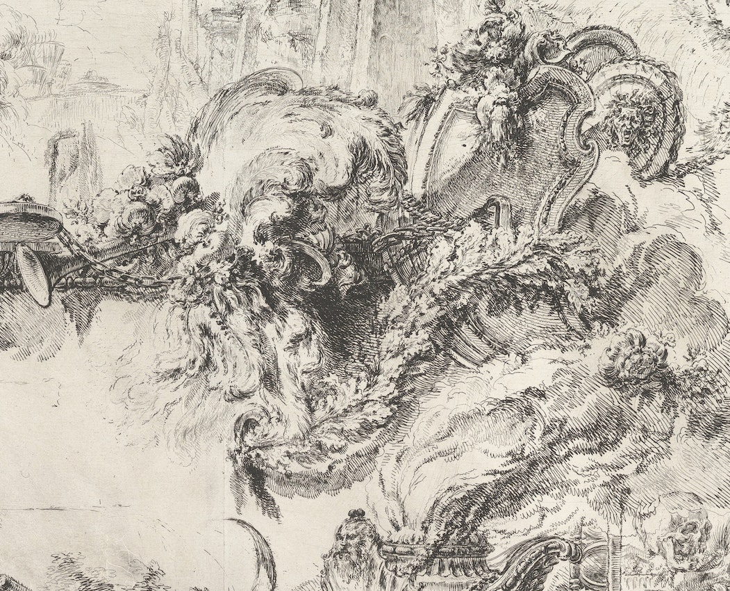 A detail from larger scene showing cluster of plumes with trumpet, sphinxlike head and a jumble of other items