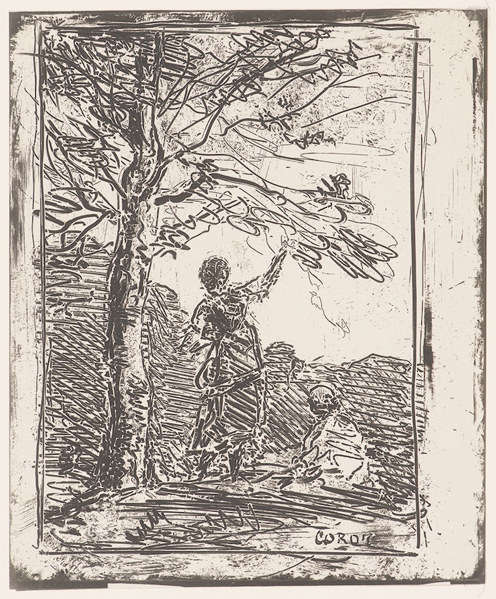Etching of a pastoral landscape showing a person standing and another sitting beneath a tree, with expressive line work and the artist's signature