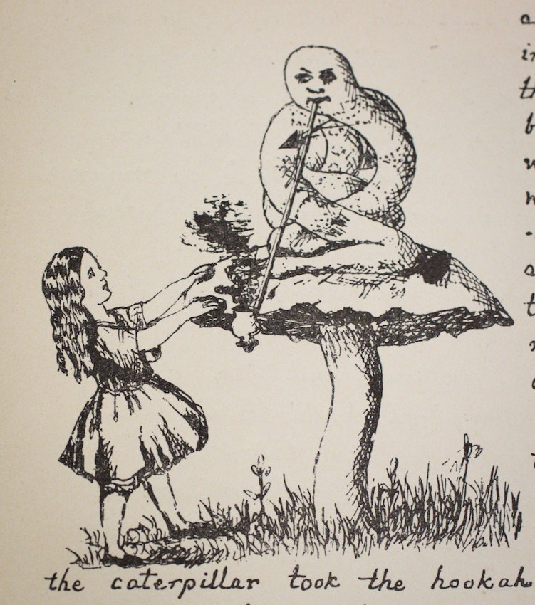 Lewis Carroll's illustration of caterpillar on mushroom