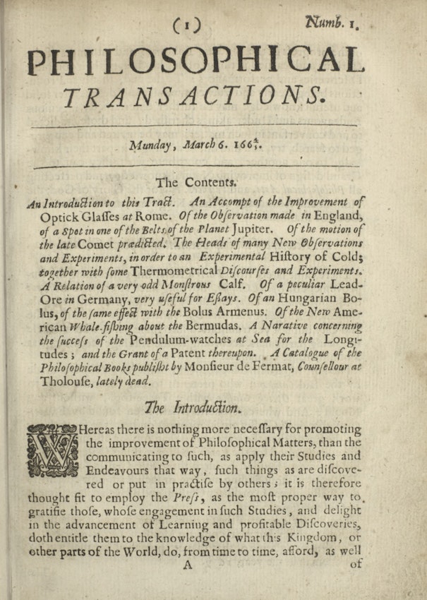 The first issue of the Philosophical Transactions