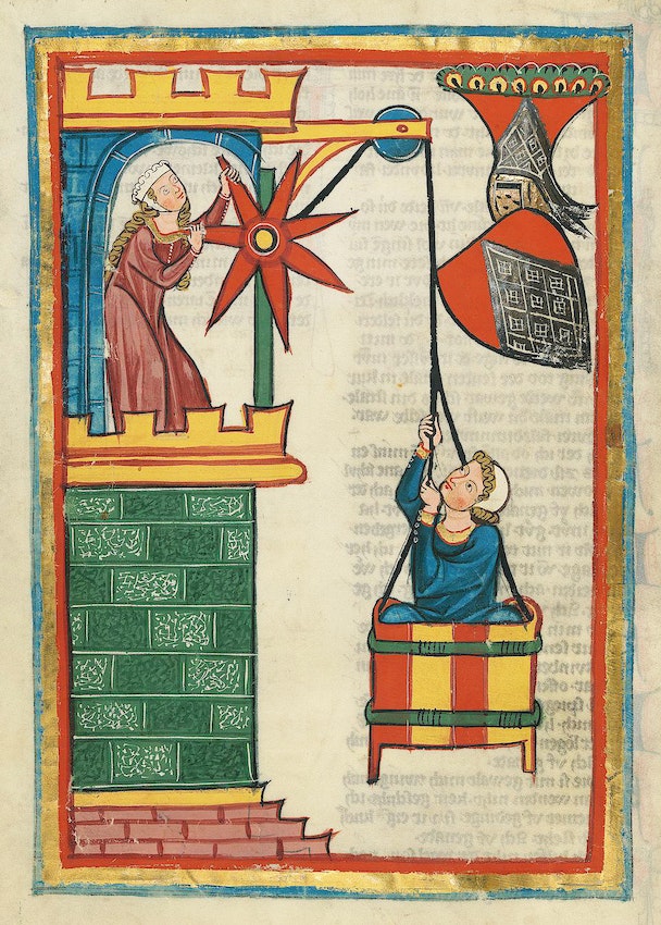 Codex Manesse red lead miniature)
caption={Illustration for the poet Herr Kristan von Hamle (folio 71v), from the Codex Manesse, an early 14th-century poetry anthology produced in Zurich — <a href=_https_/digi.ub.uni-heidelberg.de/diglit/cpg848__Source_/a__.html class=