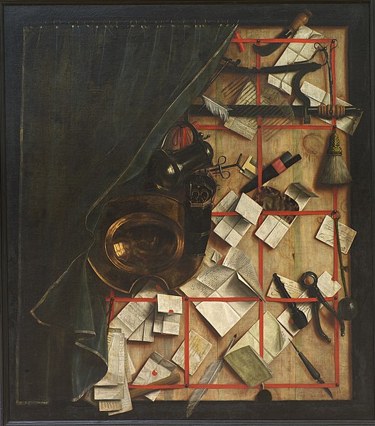 File:Cornelius Norbertus Gijsbrechts (1657-1683), Trompe l'oeil. Brevvæg med bartskær-instrumenter, 1668 KMS3060.jpg