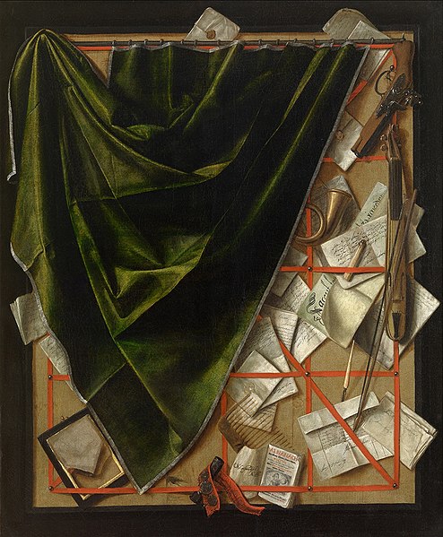 File:Cornelis Norbertus Gijsbrechts - Trompe l'oeil of a qoudlibet with violin, pistol and curtain to the left.jpg
