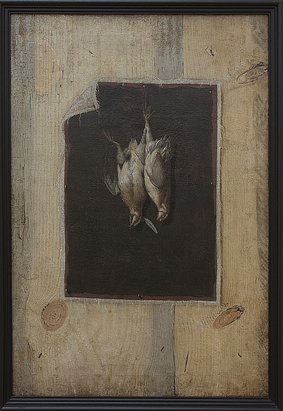 File:Cornelius Norbertus Gijsbrechts (1657-1683), Trompe l'oeil. Bræddevæg med stilleben af to døde fugle ophængt på en væg, Cirka 1672 Kms3030.jpg