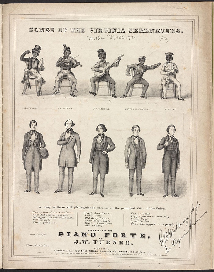 Detail from "Songs of the Virginia Serenaders", 1844, showing two (white) performers made up as black minstrels. Songs listed in their performance included "Who's dat nigger dare peepin?" Scanned by Boston Public Library and uploaded from Flickr by Fæ to be preserved on Wikimedia Commons.