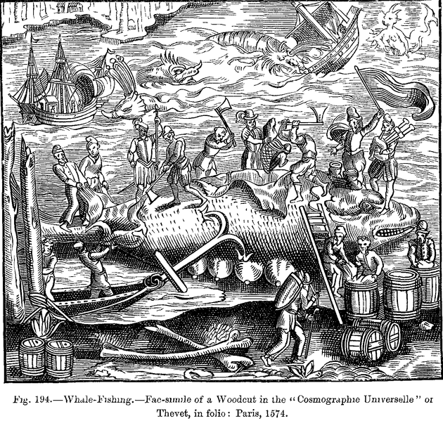 File:Whale Fishing Fac simile of a Woodcut in the Cosmographie Universelle of Thevet in folio Paris 1574.png